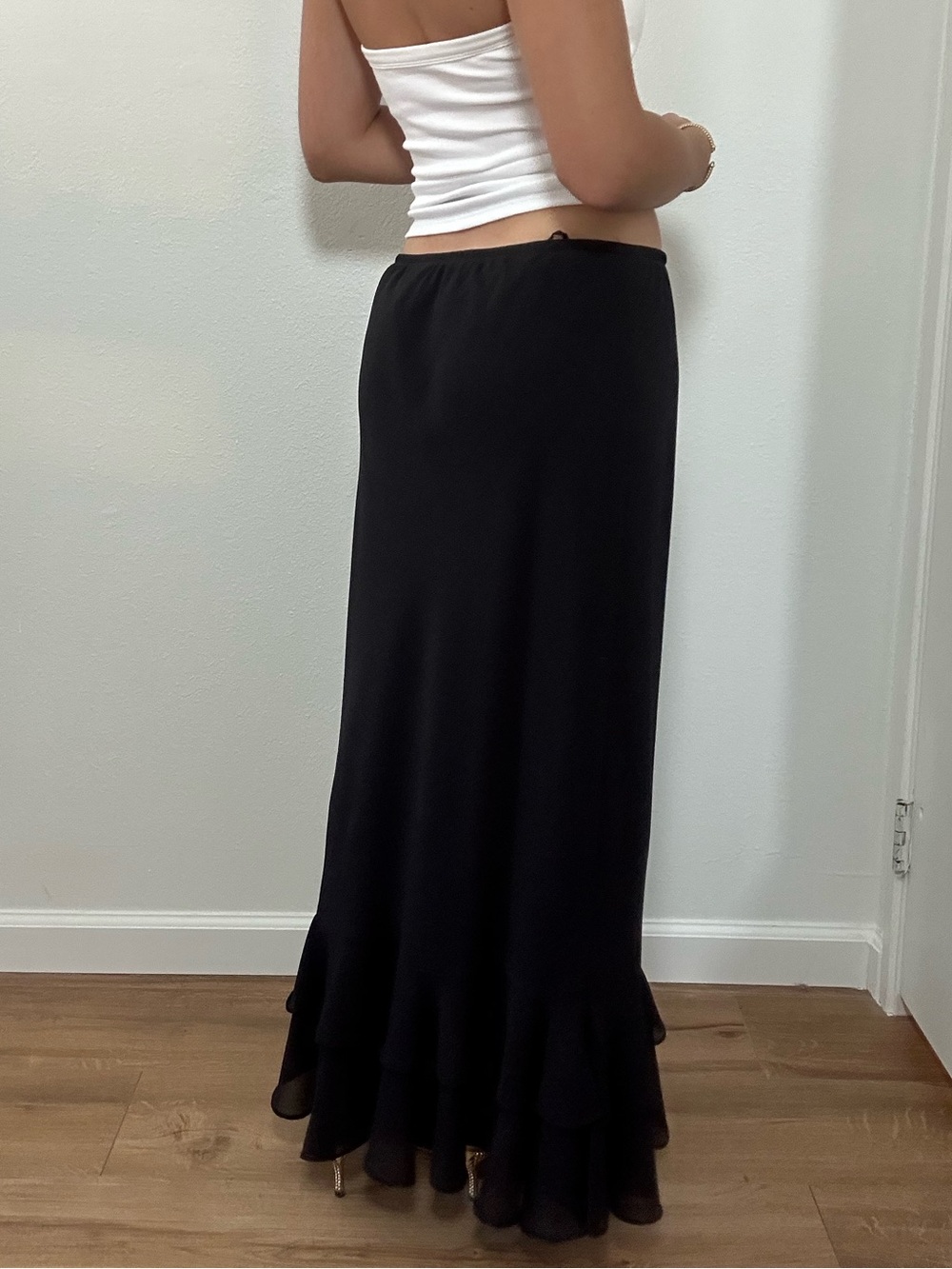 Vintage Dressbarn Y2K Black Ruffle-Hem Maxi Skirt Rosette Chiffon Size L - Picture 5 of 12